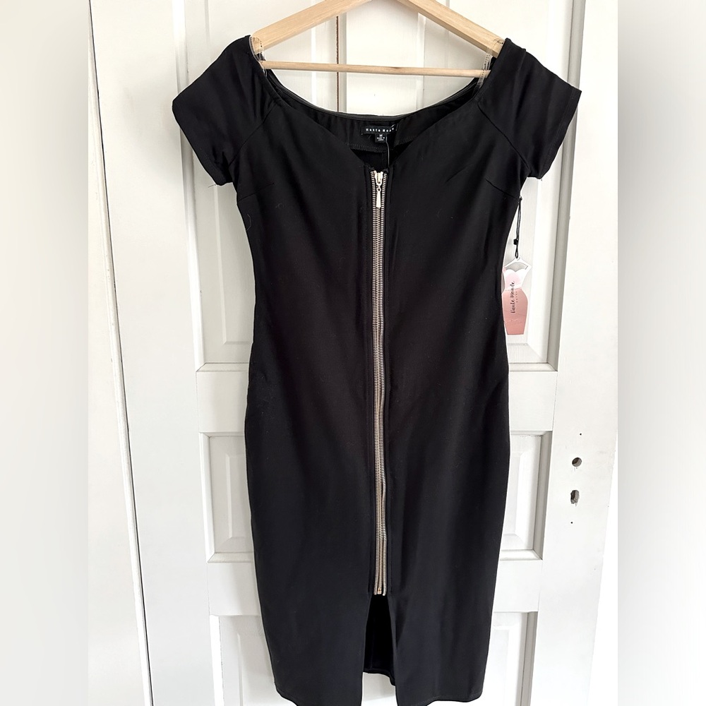 Tight flattering black midi dress w/ front zipper, medium but wears like small